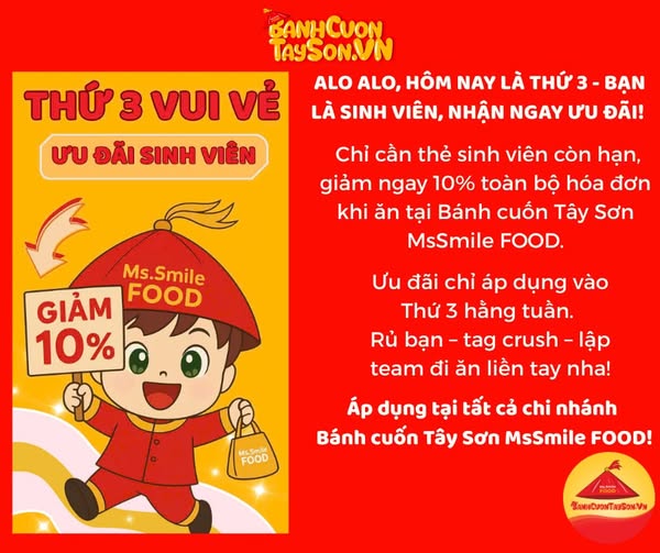 THỨ 3 SINH VIÊN – ĂN NGON CHUẨN VỊ, ƯU ĐÃI HẾT Ý TẠI BÁNH CUỐN TÂY SƠN MSSMILE FOOD