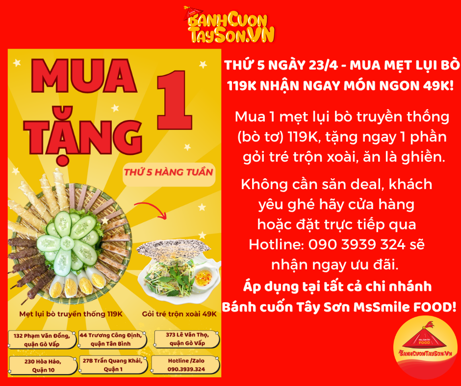 DEAL ƯU ĐÃI NGÀY 23/4: MUA MẸT LỤI BÒ 119K, NHẬN NGAY MÓN NGON ĐẶC SẢN BÌNH ĐỊNH 49K